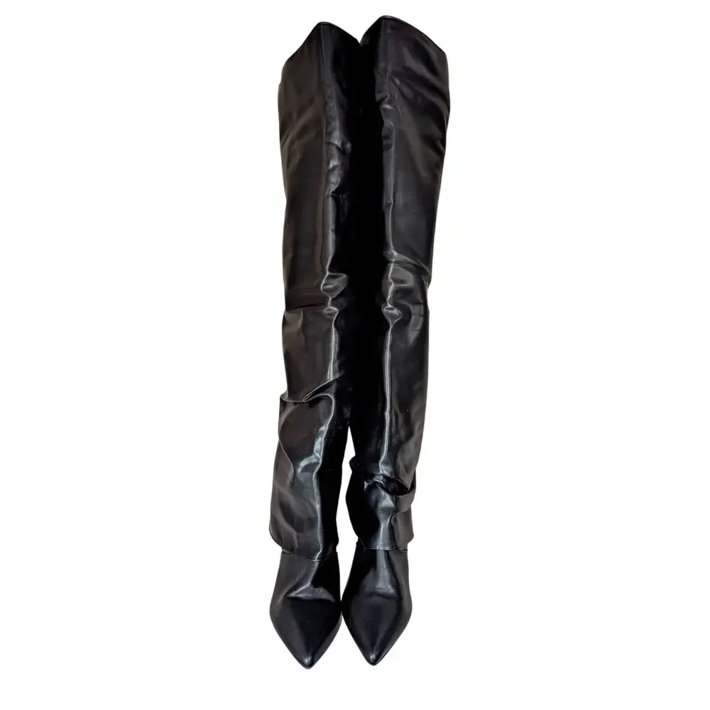 NWOT! FASHION NOVA! BLACK VEGAN LEATHER, THIGH HIGH, FOLD TO ANKLE BOOTS! SZ 11M